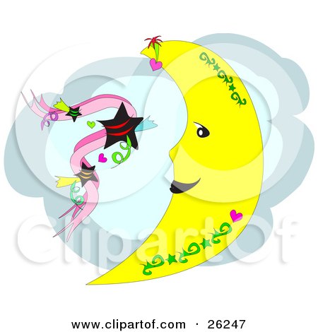 Clipart Illustration of a Crescent Moon With Green Tattoo Designs And Hearts