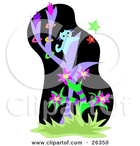 Clipart Illustration Of A Curious Blue Cat In A Purple Tree Trying To Catch