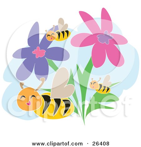 Clipart Illustration of Three Happy Honey Bees Flying Through Pink And Purple Flowers