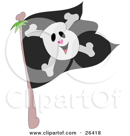 Royalty-free clipart picture of a smiling skull and crossbones on a black 