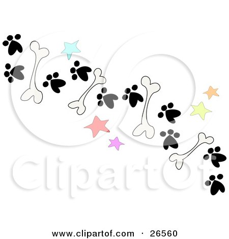 Royalty-free animal clipart picture of a trail of dog bones, stars and paw 