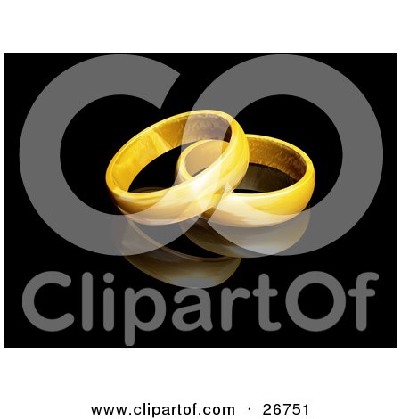 Two Gold Wedding Band Rings Resting Together On A Reflective Black 
