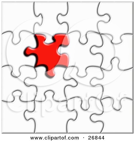 Royalty-free clipart picture of a red jigsaw puzzle piece standing out from 