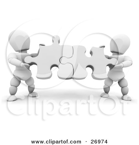  characters holding white jigsaw puzzle pieces and fitting them together.