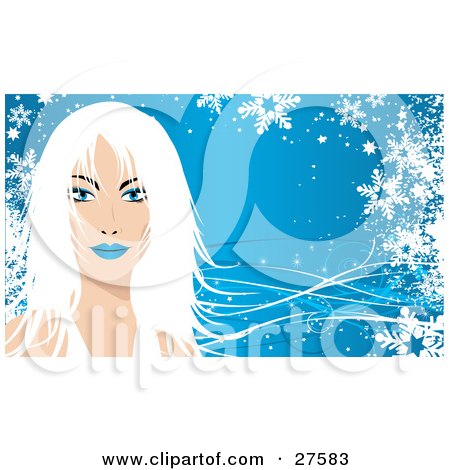 27583-Clipart-Illustration-Of-A-Pretty-Blue-Eyed-White-Haired-Caucasian-Woman-Wearing-Blue-Lipstick-Facing-Front-Over-A-Blue-Background-With-Snowflakes.jpg