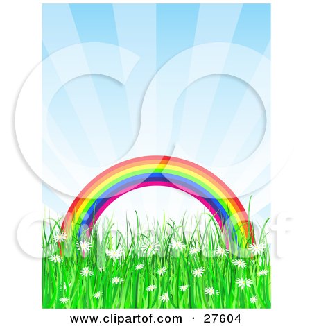 Royalty-free nature clipart picture of a colorful arched rainbow over a 