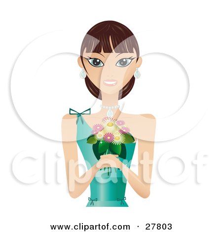 http://images.clipartof.com/small/27803-Clipart-Illustration-Of-A-Beautiful-Brunette-Caucasian-Woman-In-A-Green-Evening-Gown-Wearing-Diamond-Earrings-And-A-Necklace-Smiling-And-Holding-A-Bouquet-Of-Flowers.jpg