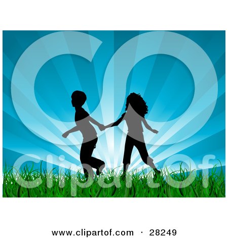 Clipart Illustration of a Silhouetted Boy And Girl Holding Hands And Running Through Green Grass With A Bursting Blue Sky Background by KJ Pargeter