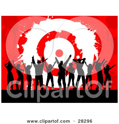 Clipart Illustration of a Group Of Black Silhouetted Men And Women Dancing In Front Of A Red Grunge Background With A White Bullseye Target, Symbolizing Success And Achievement by KJ Pargeter