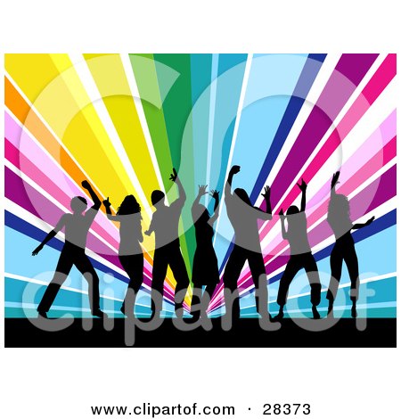 Clipart Illustration of Seven Black Silhouetted Dancers Partying Over A Bursting Rainbow Background by KJ Pargeter