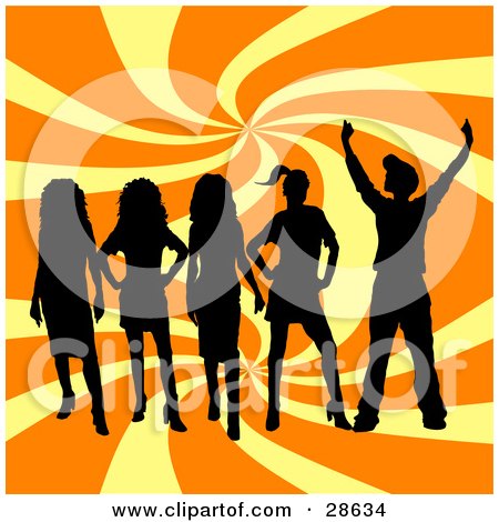 Clipart Illustration of a Group Of Five Black Silhouetted Teenagers Standing