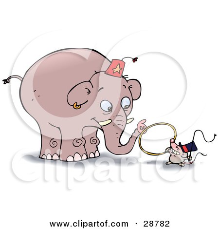  - 28782-Clipart-Illustration-Of-A-Little-Mouse-Holding-A-Whip-And-A-Tiny-Hoop-Instructing-A-Giant-Elephant-To-Jump-Through-The-Ring-During-A-Circus-Show