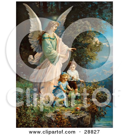 Clipart Picture of a Vintage Valentine Of A Female Guardian Angel Watching 