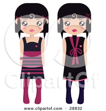 Black  White Maxi Dress on Black Haired Female Paper Dolls In Black And Pink Dresses And Tights