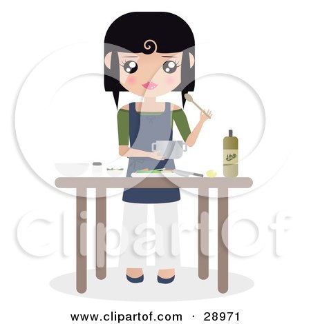  caucasian woman preparing food with oils and veggies at a kitchen table.