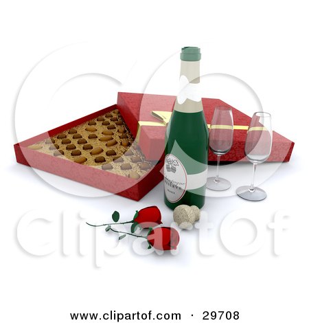 Two Wine Glasses Red Roses A Cork And Bottle Of Champagne In Front Of An