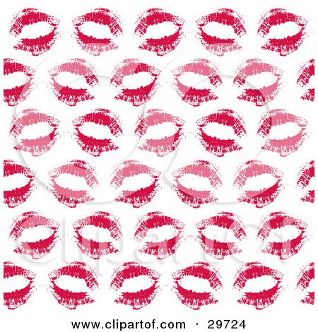 Clipart Illustration Of A Background Of Sexy Red Lipstick Kiss Imprints On White