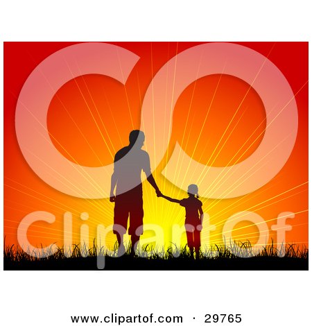 Clipart Illustration of a Silhouetted Girl Holding Hands With A Man, Father And Daughter, Walking In Grass Towards An Orange Sunset