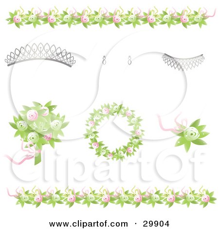 Design Elements Of Green And Pink Rose Borders Bouquet Wreath And Corsage 