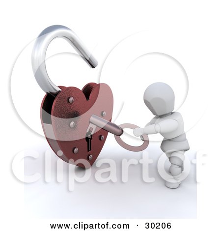 Royalty-free 3d love clipart picture of a white character unlocking a heart 