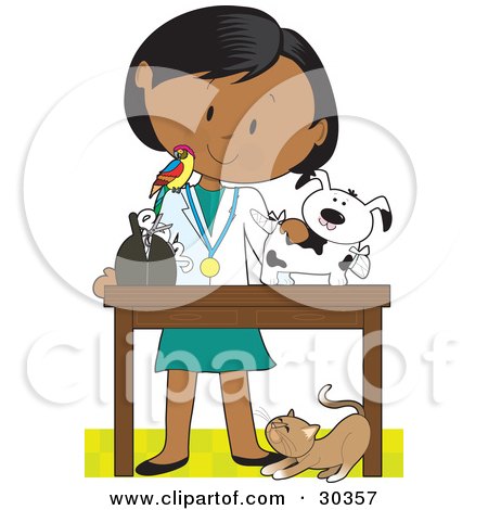 30357-Clipart-Illustration-Of-A-Female-Latina-Veterinarian-With-A-Bird-On-Her-Shoulder-Bandaging-Up-An-Injured-Puppy-A-Cat-At-Her-Feet.jpg