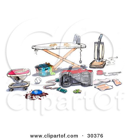 Royalty-free clipart picture of a messy household with a baby 