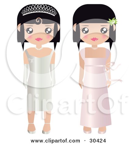 Clipart Illustration of Two Black Haired Female Paper Dolls In Formal White
