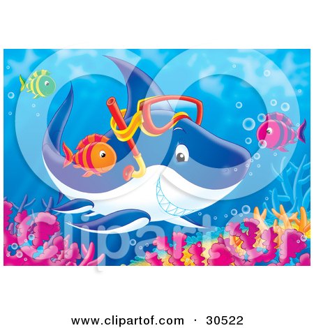 30522-Clipart-Illustration-Of-A-Friendly-Blue-Shark-Wearing-Snorkel-Gear-And-Swimming-With-Green-Orange-And-Purple-Fish-Near-A-Reef.jpg