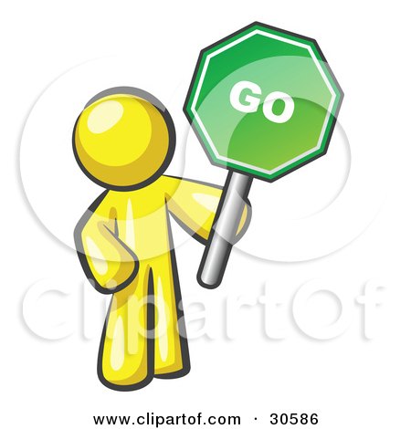 Clipart Illustration of a Yellow Man Holding Up A Green Go Sign On A White