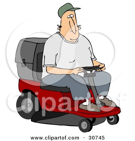 White Man Operating A Red Riding Lawn Mower While Landscaping by Dennis Cox