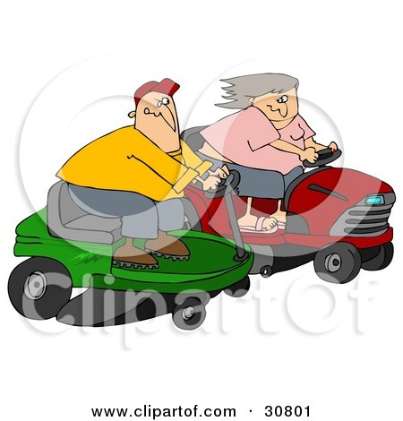 White Couple A Man And Woman Racing Eachother On Riding Lawn Mowers by 