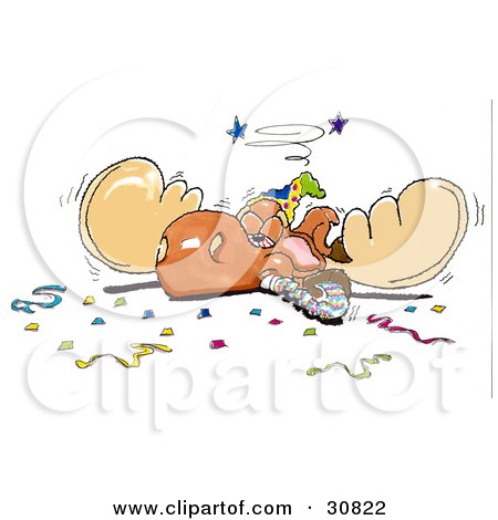 30822-Clipart-Illustration-Of-An-Exhausted-Party-Moose-Collapsed-With-A-Noise-Maker-In-Its-Mouth.jpg