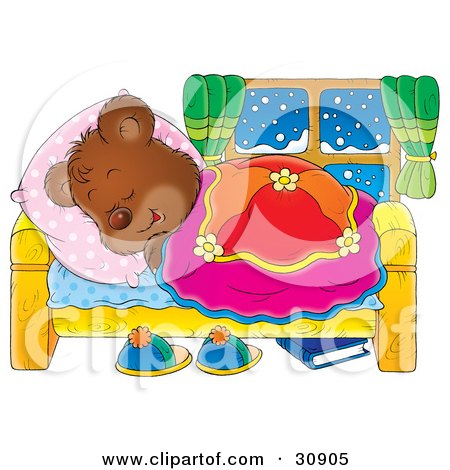 Bear Cub Hibernating In A Comfortable Bed And Sleeping On A Snowy ...