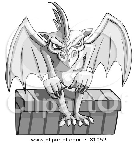 Clipart Illustration of a Gothic Stone Gargoyle With Red Eyes Seated On The