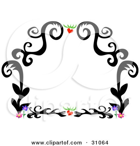 Black Tattoo Plant Design Border With Hearts And Flowers, On White Poster, 
