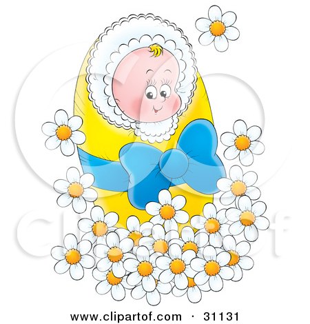 31131-Clipart-Illustration-Of-A-Happy-Little-Newborn-Baby-Bundled-In-A-Yellow-Blanket-With-A-Blue-Ribbon-Surrounded-By-White-Spring-Daisy-Flowers.jpg