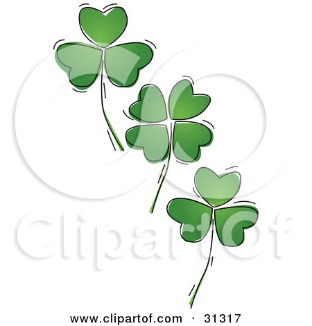  falling green four leaf shamrock clover leaves, on a white background.