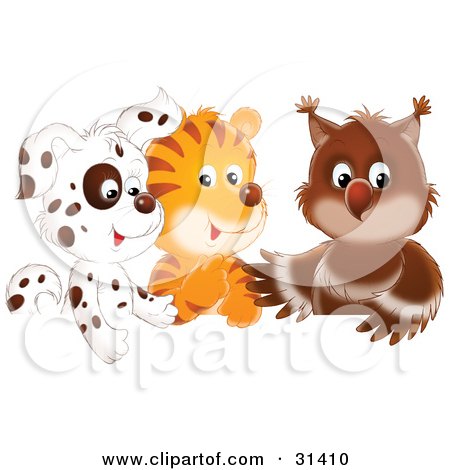 Spotted Puppy, Tiger And Baby Owl In A Group Poster, Art Print