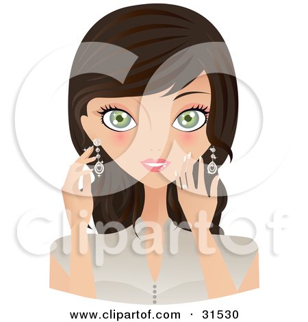 Clipart Illustration of a Beautiful Brunette Woman With Green Eyes, Touching Her Cheek And Earring And Facing Front