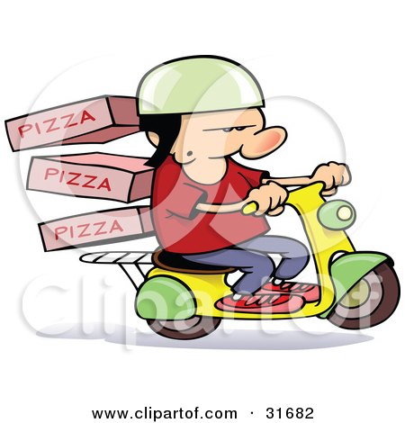 Royalty-free occupation clipart picture of a pizza delivery boy on a scooter 