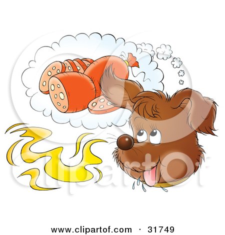 31749-Clipart-Illustration-Of-A-Happy-Puppy-Day-Dreaming-Of-Sausage-While-Catching-A-Whiff-Of-Food-In-The-Air.jpg