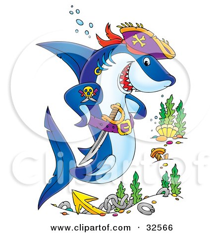 Pirate Shark With A Tattoo And Sword, Swimming Over A Site Of A Sunken Ship 