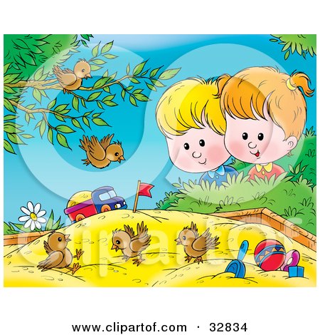 32834-Clipart-Illustration-Of-A-Group-Of-Birds-Playing-In-A-Sand-Box-A-Boy-And-Girl-Watching.jpg