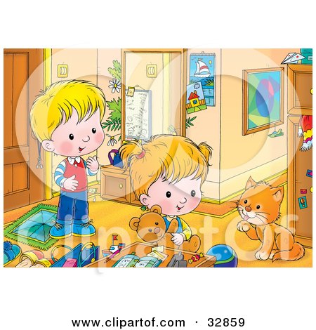 32859-Clipart-Illustration-Of-A-Boy-And-Girl-Playing-In-A-Room-Watching-A-Cat-Groom-Its-Paw.jpg