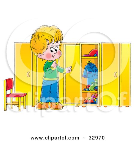 Royalty-free clipart picture of a blond boy looking at messy shelves in a 