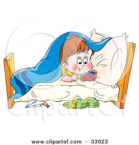 ... Print: Cartoon Summer Camp Boy Looking At Bunk Beds by Ron Leishman