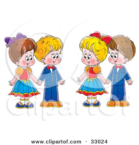 Royalty-free clipart picture of two couples, boys and girls, holding hands, 