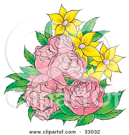 33032+Clipart+Illustration+Of+A+Bouquet+Of+Pink+Roses+And+Yellow+Flowers+jpg