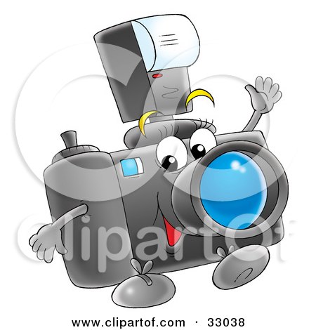 Royalty-free clipart picture of a happy digital camera with a flash 