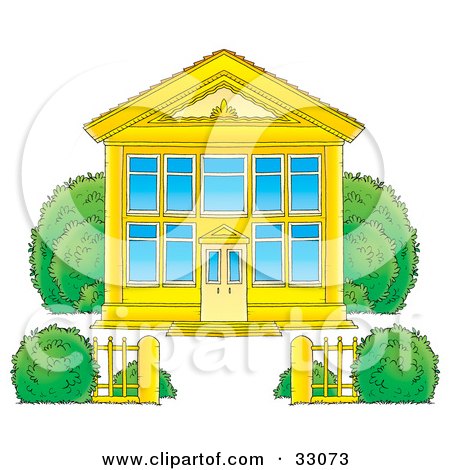 Royalty-free clipart picture of a golden school building with blue windows 
